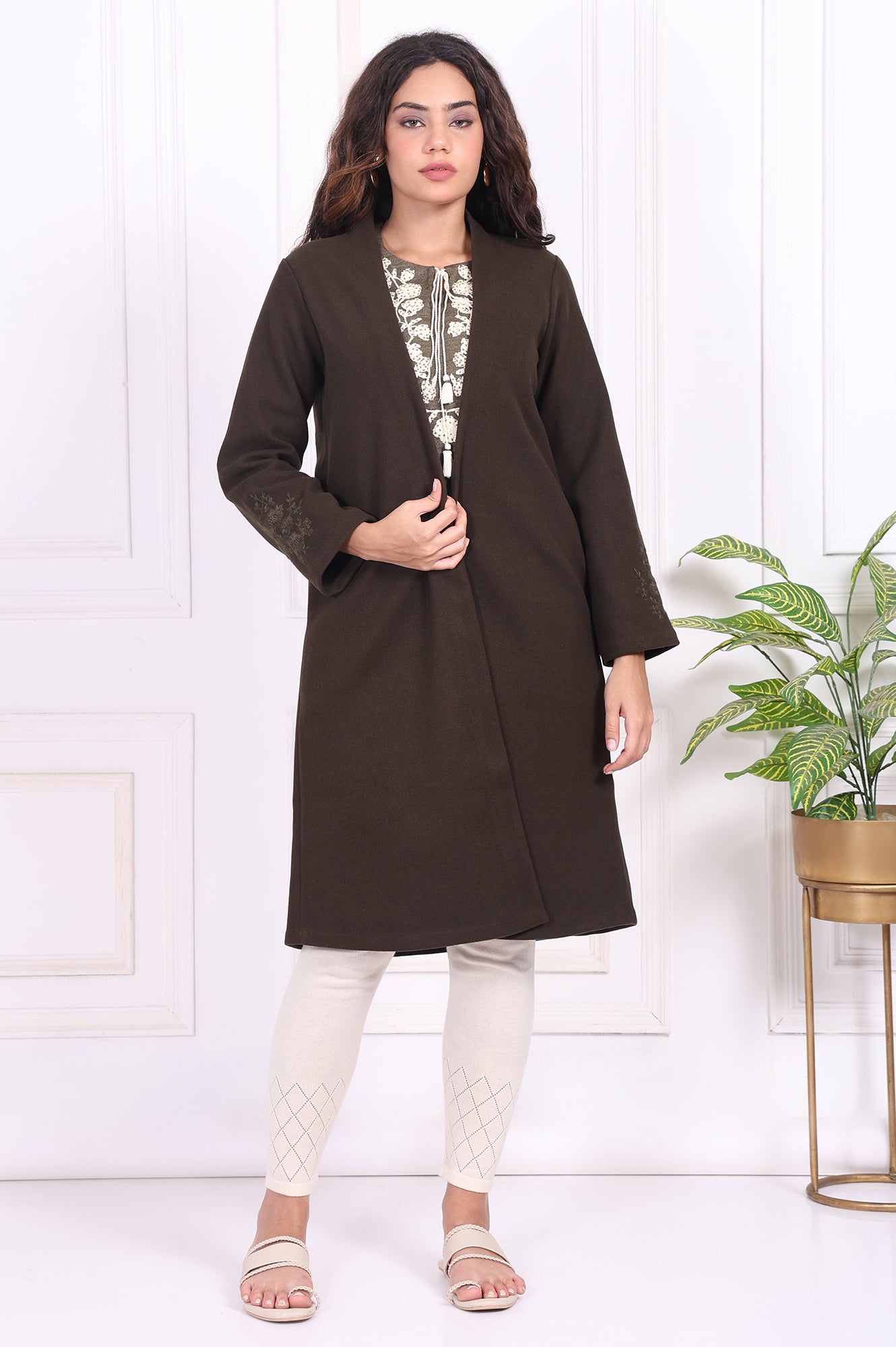 Olive Solid Embroidered Straight Coat