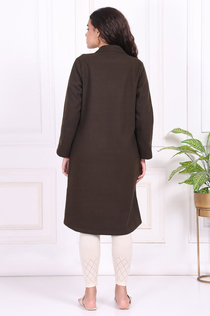 Olive Solid Embroidered Straight Coat