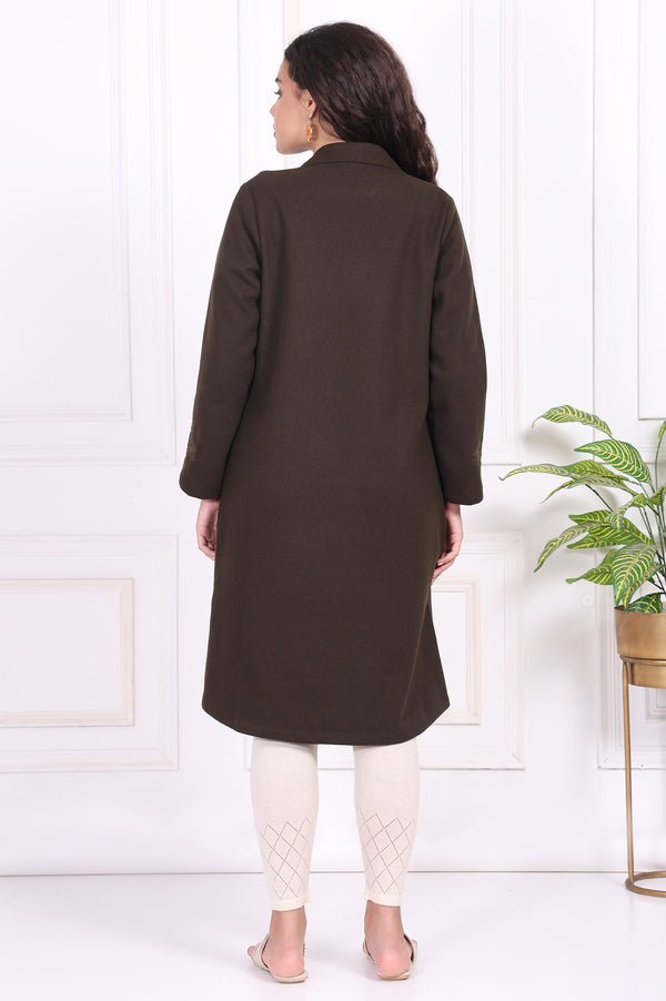 Olive Solid Embroidered Straight Coat