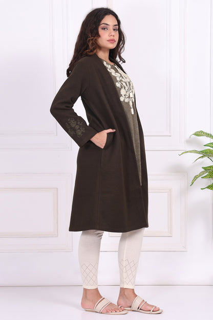 Olive Solid Embroidered Straight Coat