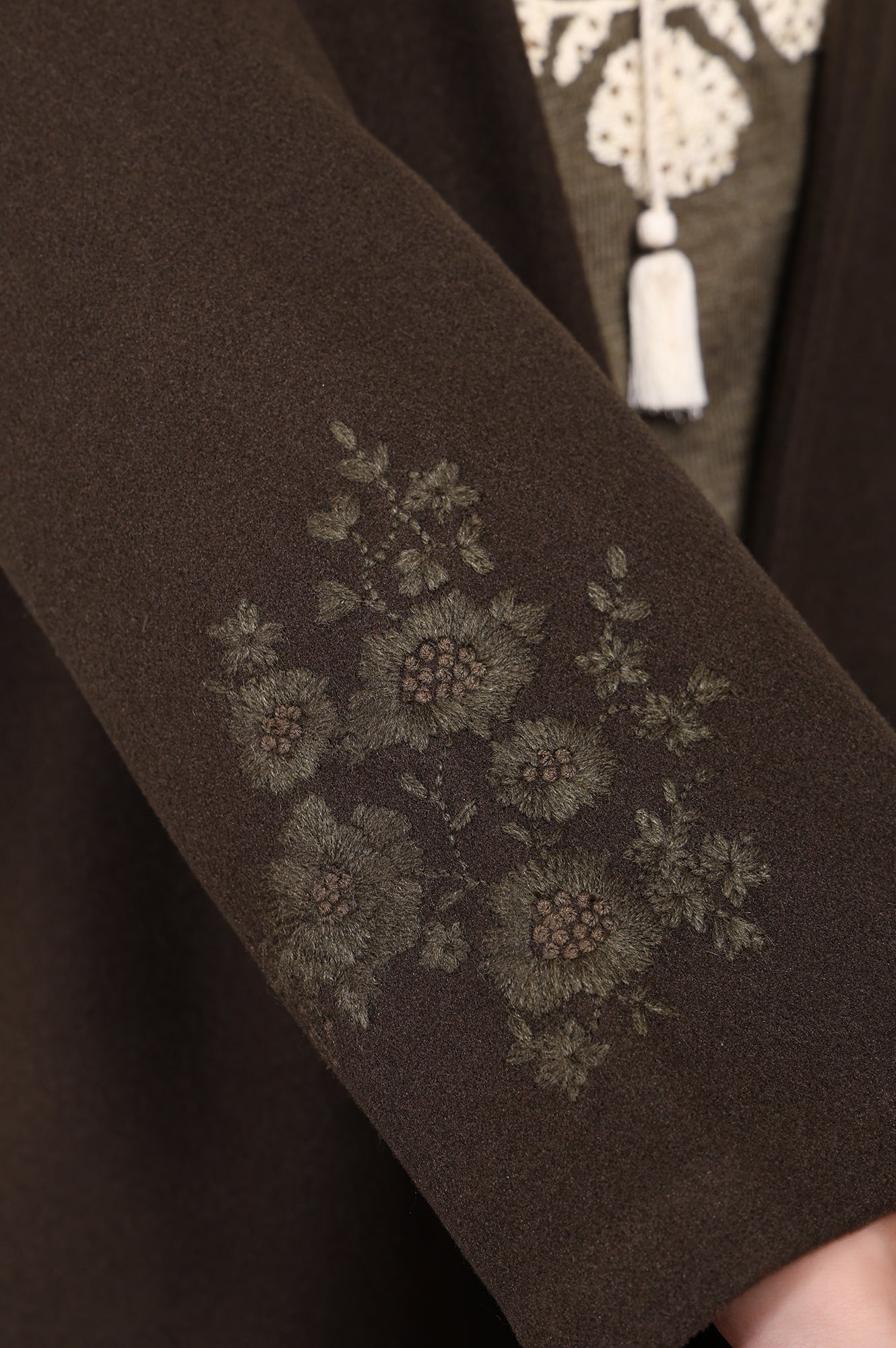 Olive Solid Embroidered Straight Coat