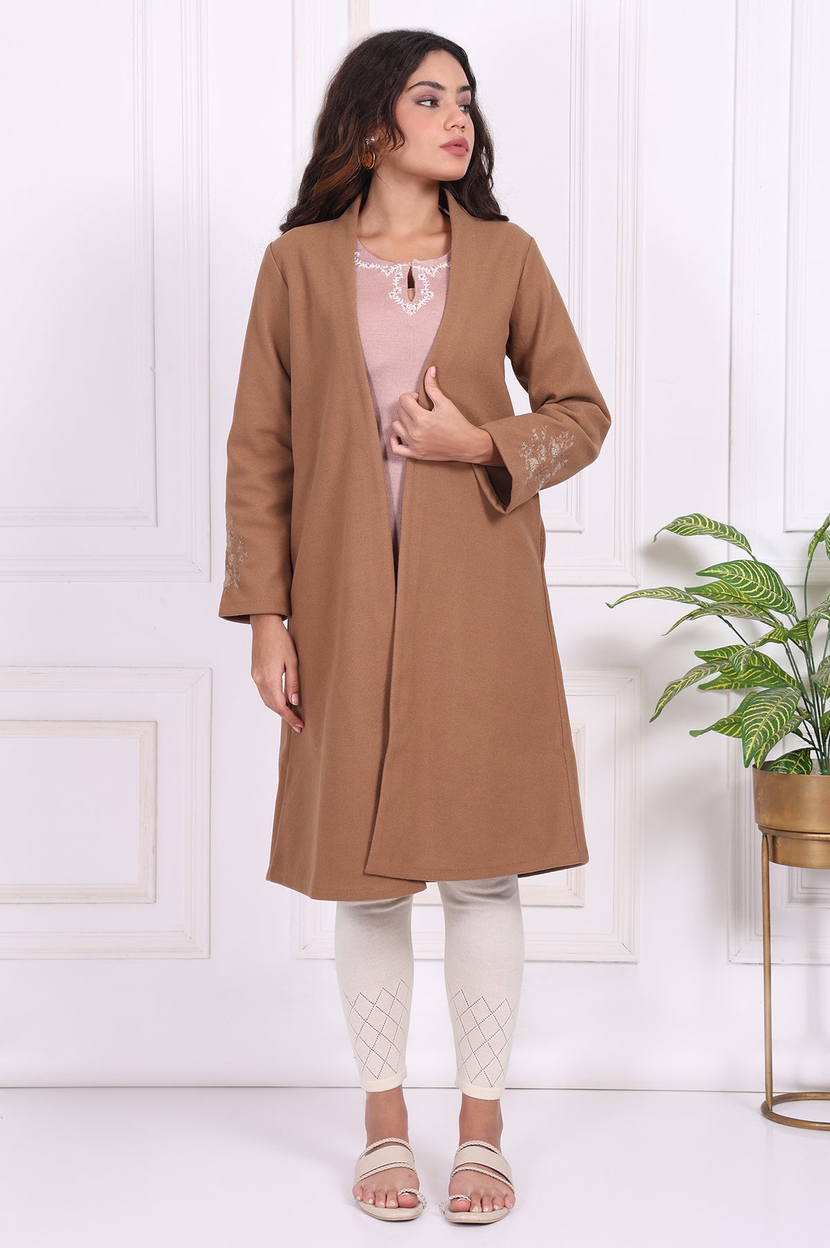 Camel Brown Embroidered Straight Woven Coat - S