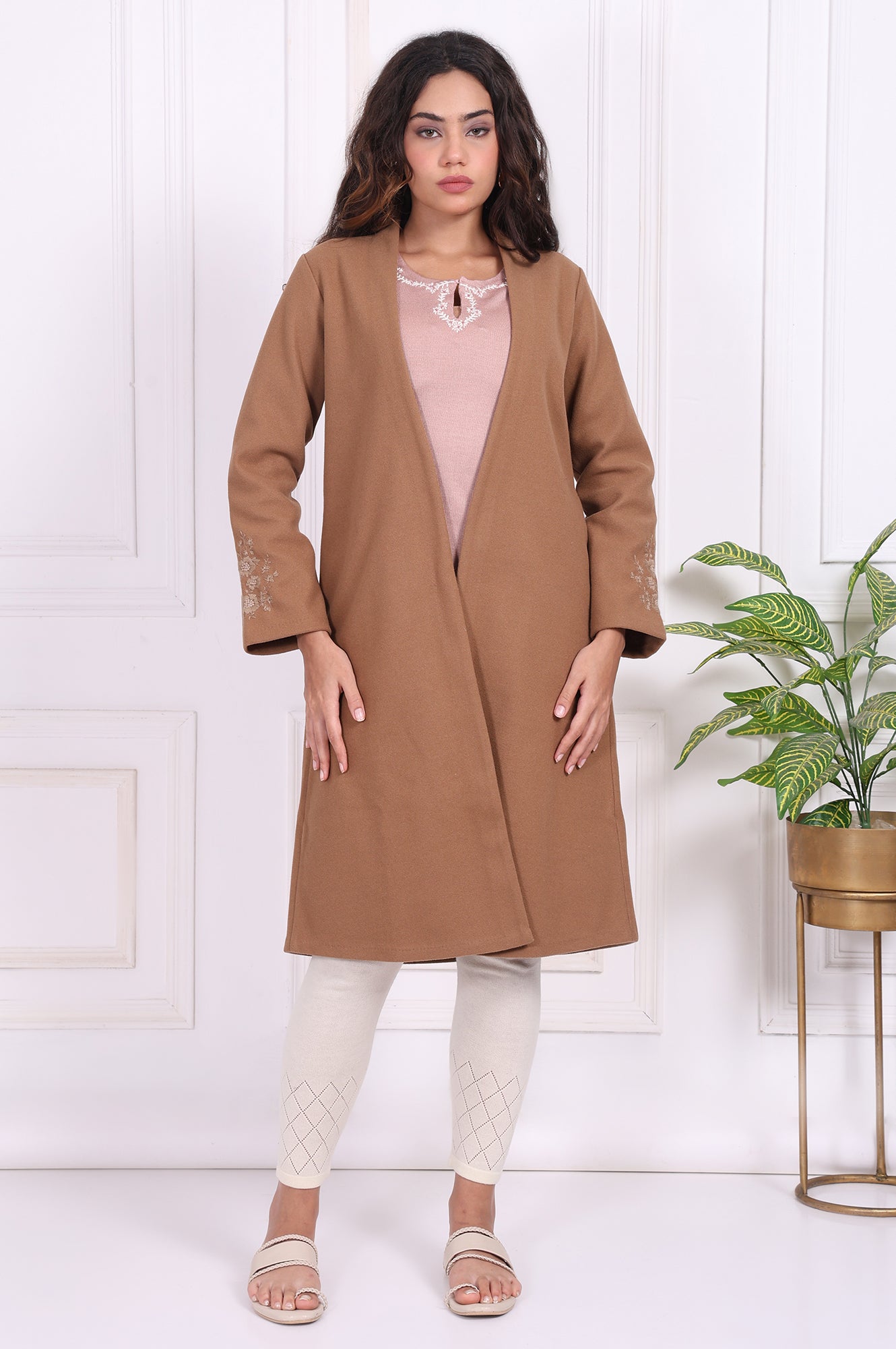 Camel Brown Embroidered Straight Woven Coat