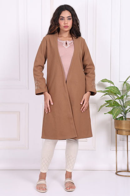 Camel Brown Embroidered Straight Woven Coat