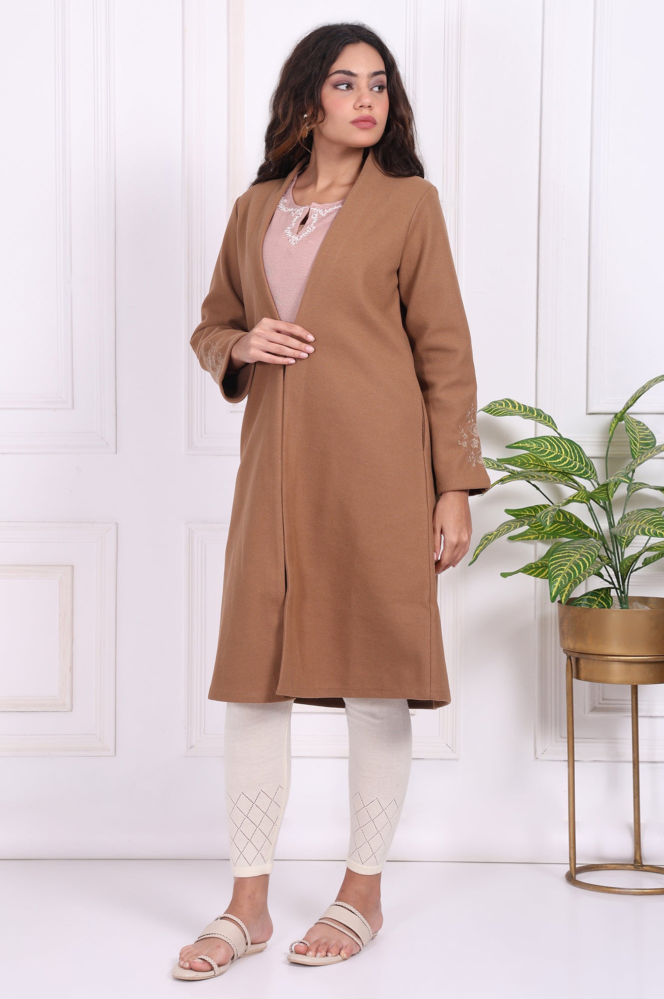 Buy Camel Brown Embroidered Straight Woven Coat Online for Woman
