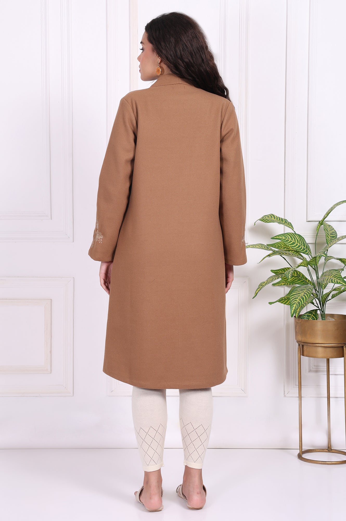 Buy Camel Brown Embroidered Straight Woven Coat Online for Woman
