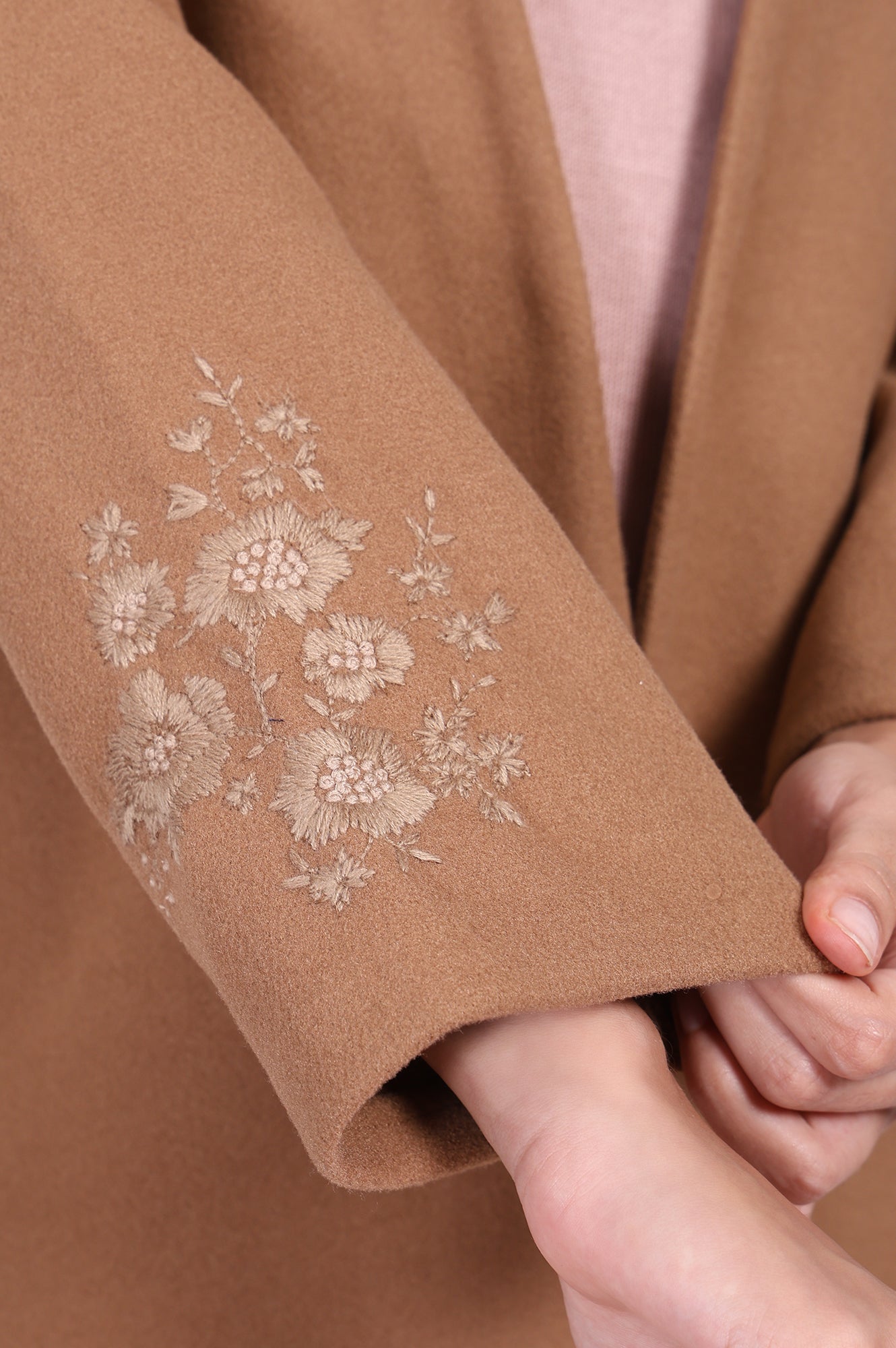 Camel Brown Embroidered Straight Woven Coat