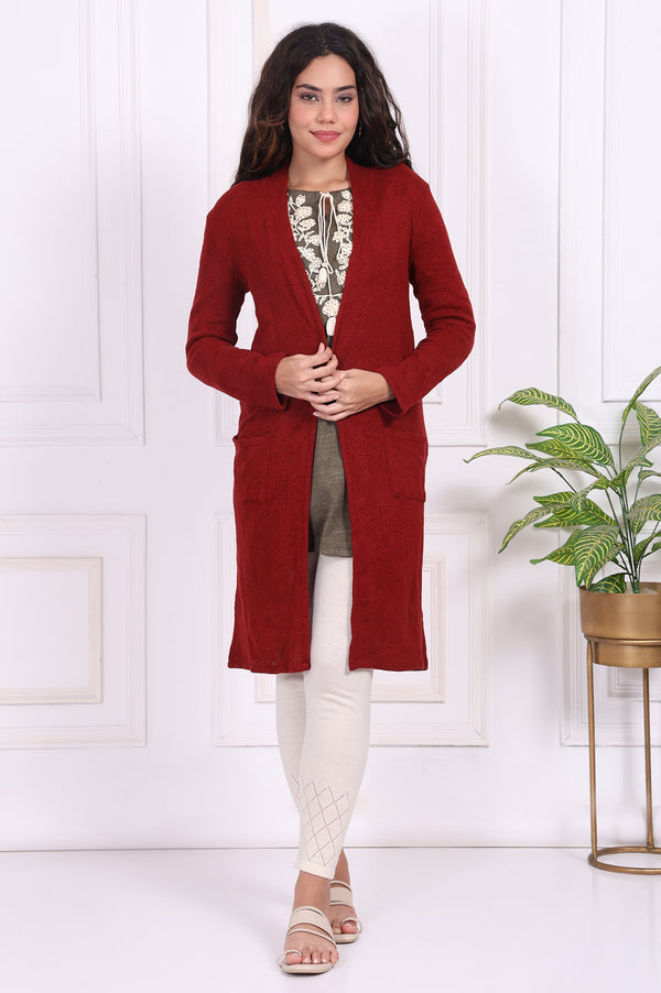 Red Solid Straight Knitting Cardigan