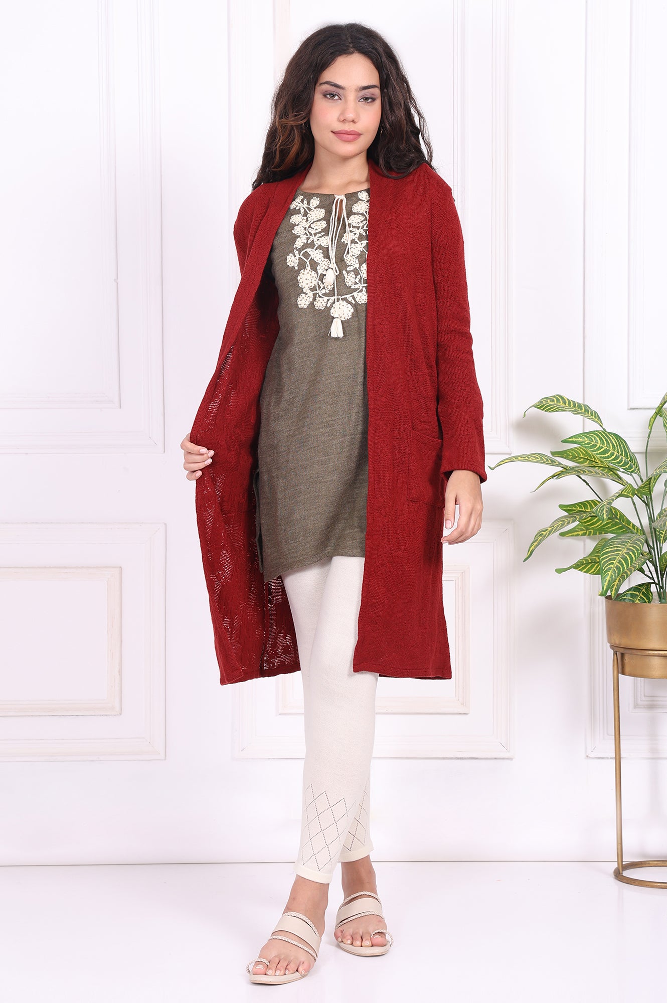 Red Solid Straight Knitting Cardigan