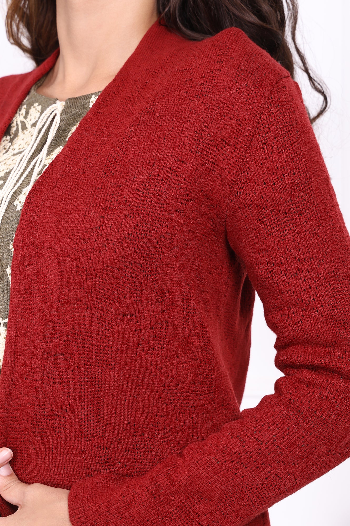 Red Solid Straight Knitting Cardigan