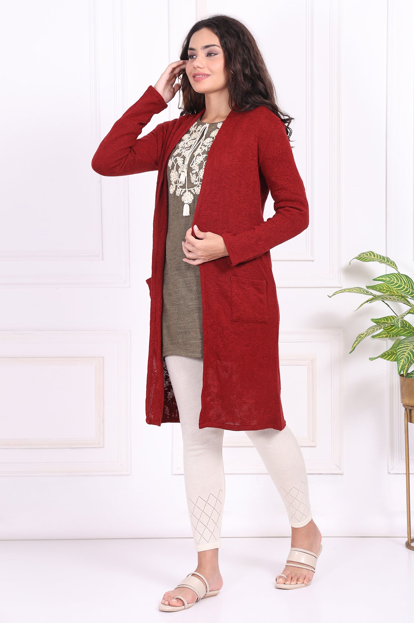 Red Solid Straight Knitting Cardigan
