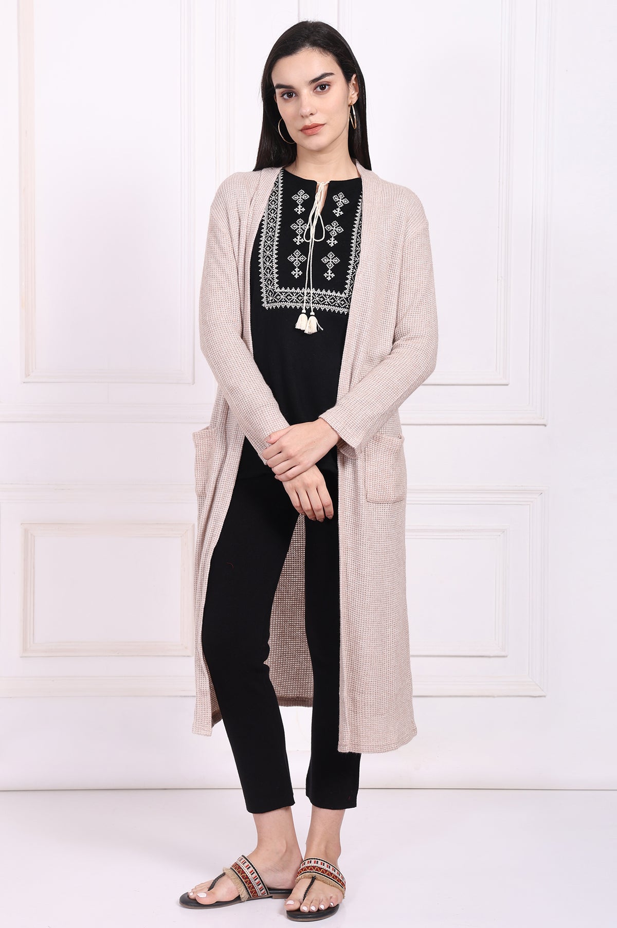 Beige Solid Rayon Winter Trench Jacket - S