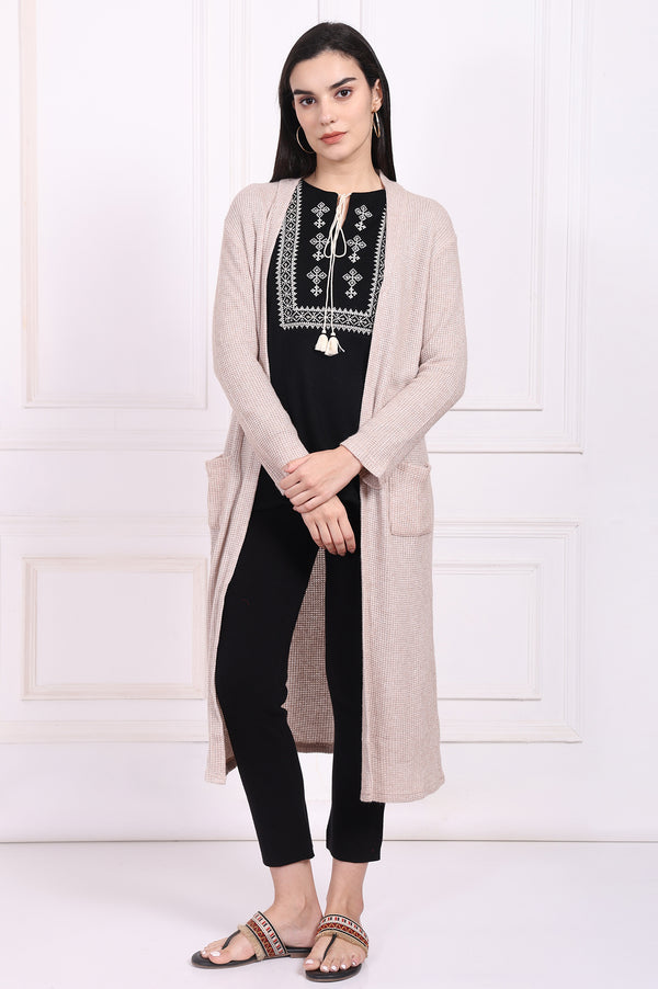 Beige Solid Rayon Winter Trench Jacket