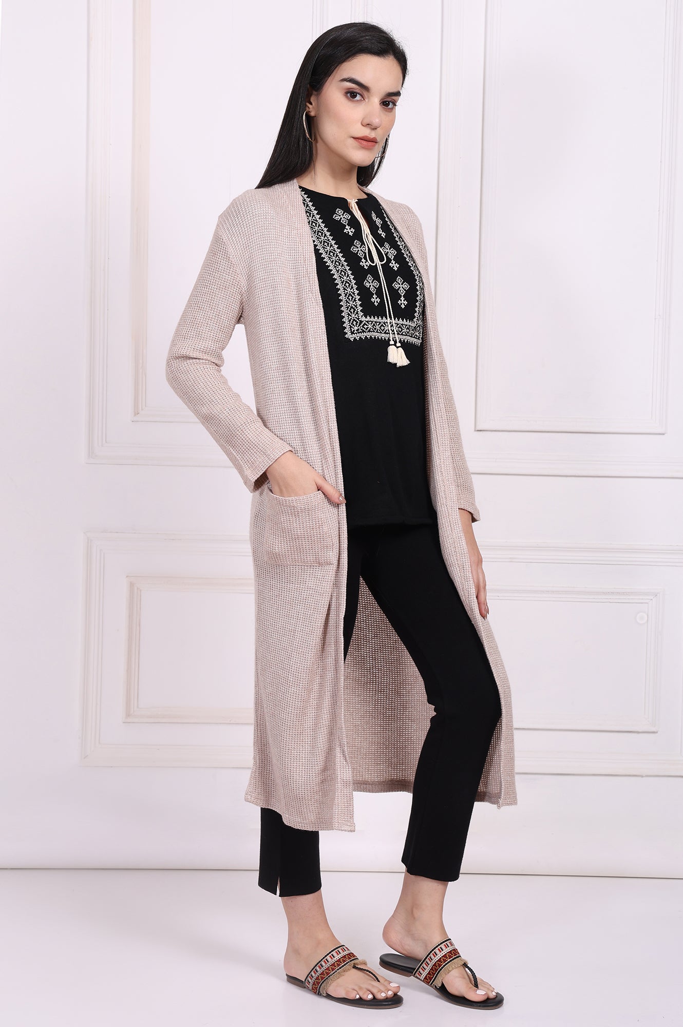 Beige Solid Rayon Winter Trench Jacket