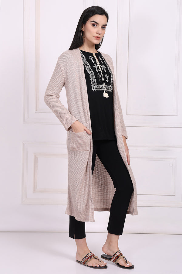 Beige Solid Rayon Winter Trench Jacket