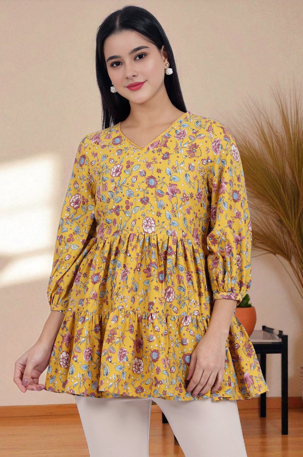 Yellow Floral Printed Flared Tiered Top with Sleeves - XS