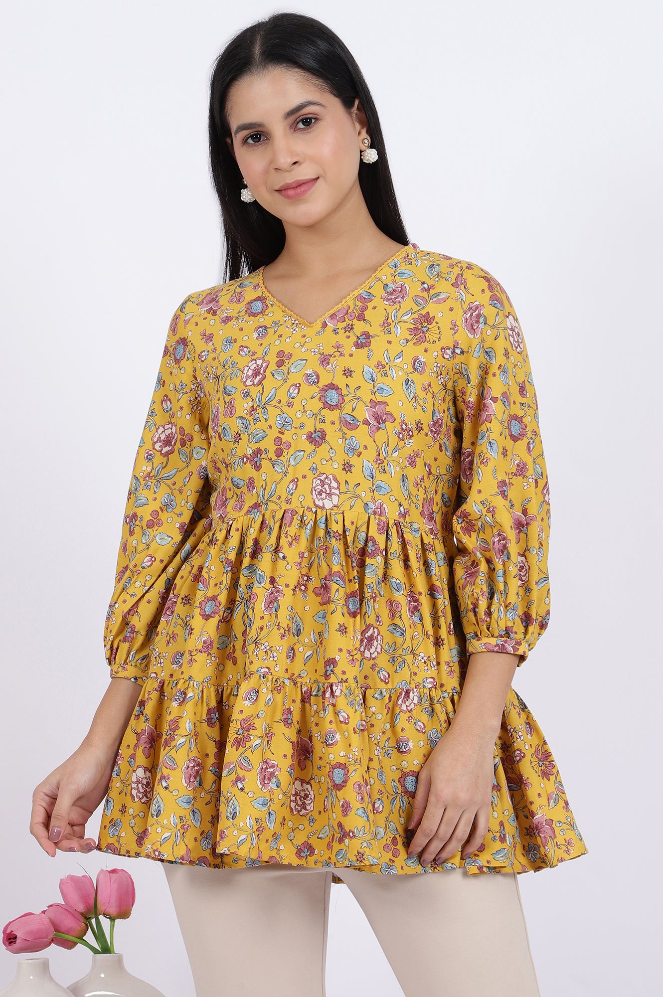 Yellow Floral Printed Flared Tiered Top with Sleeves