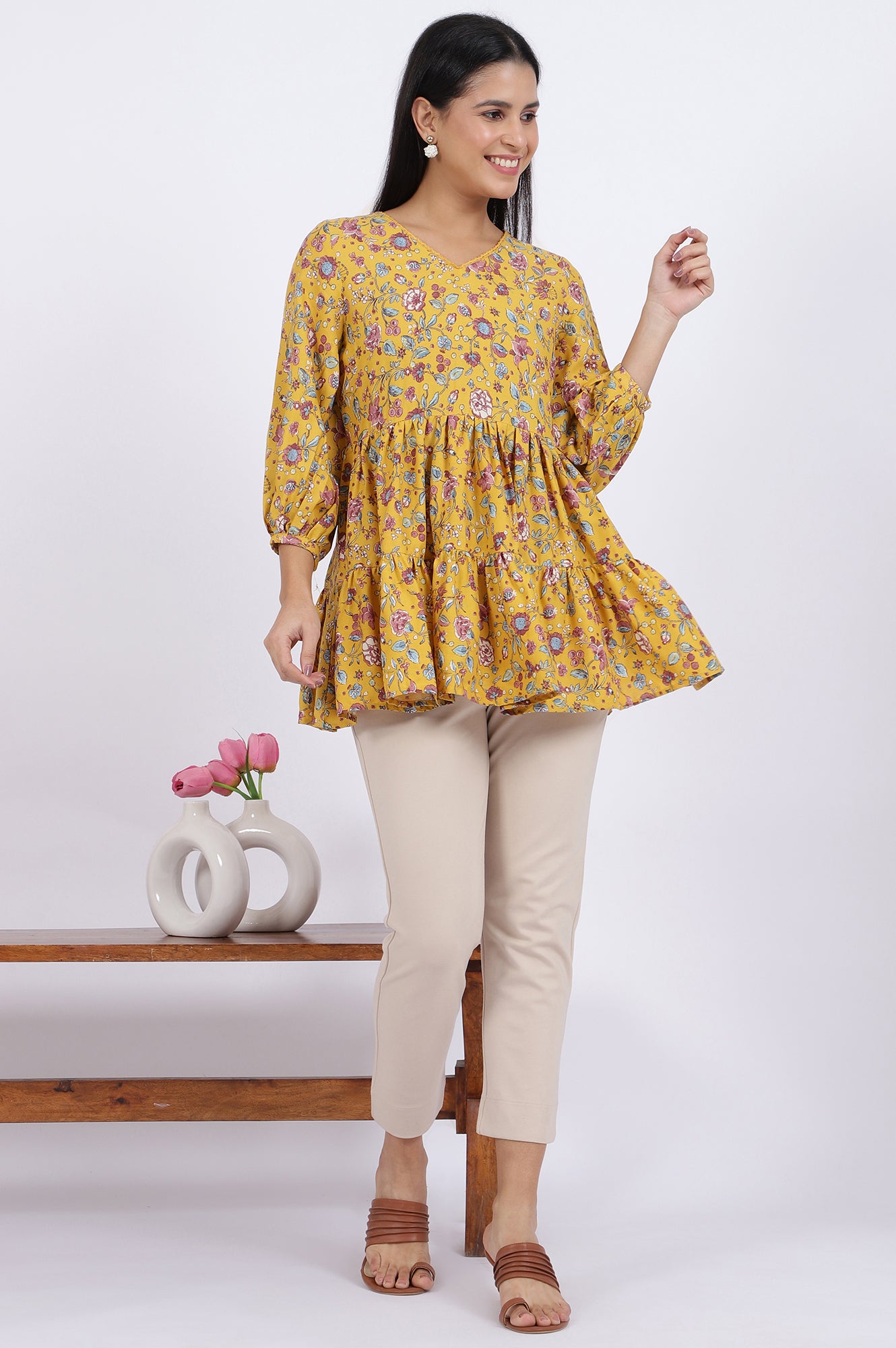 Yellow Floral Printed Flared Tiered Top with Sleeves