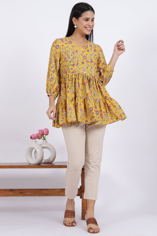 Yellow Floral Printed Flared Tiered Top with Sleeves