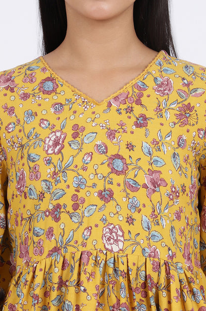 Yellow Floral Printed Flared Tiered Top with Sleeves