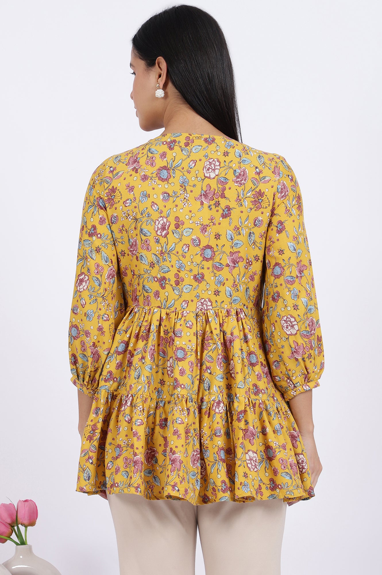 Yellow Floral Printed Flared Tiered Top with Sleeves