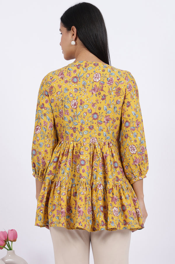 Yellow Floral Printed Flared Tiered Top with Sleeves