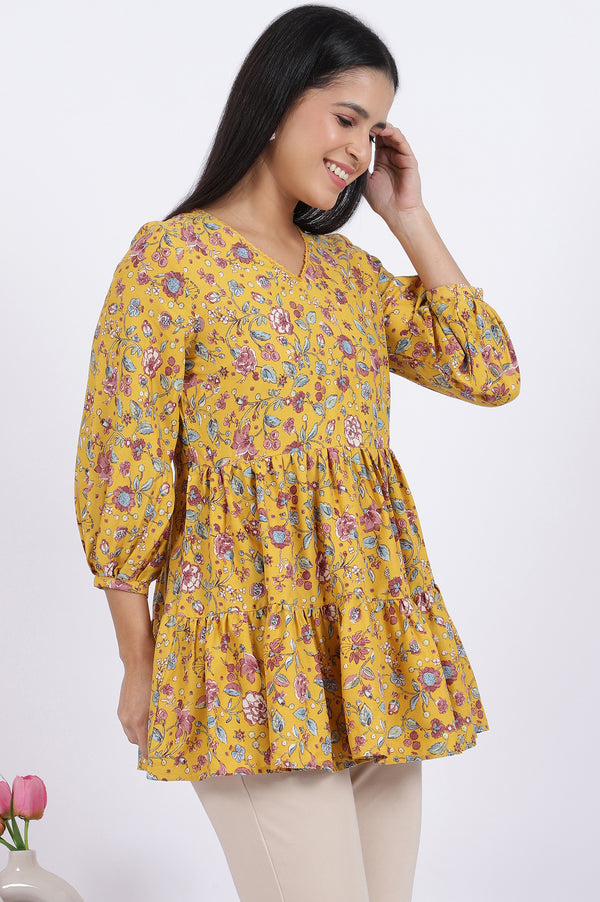 Yellow Floral Printed Flared Tiered Top with Sleeves