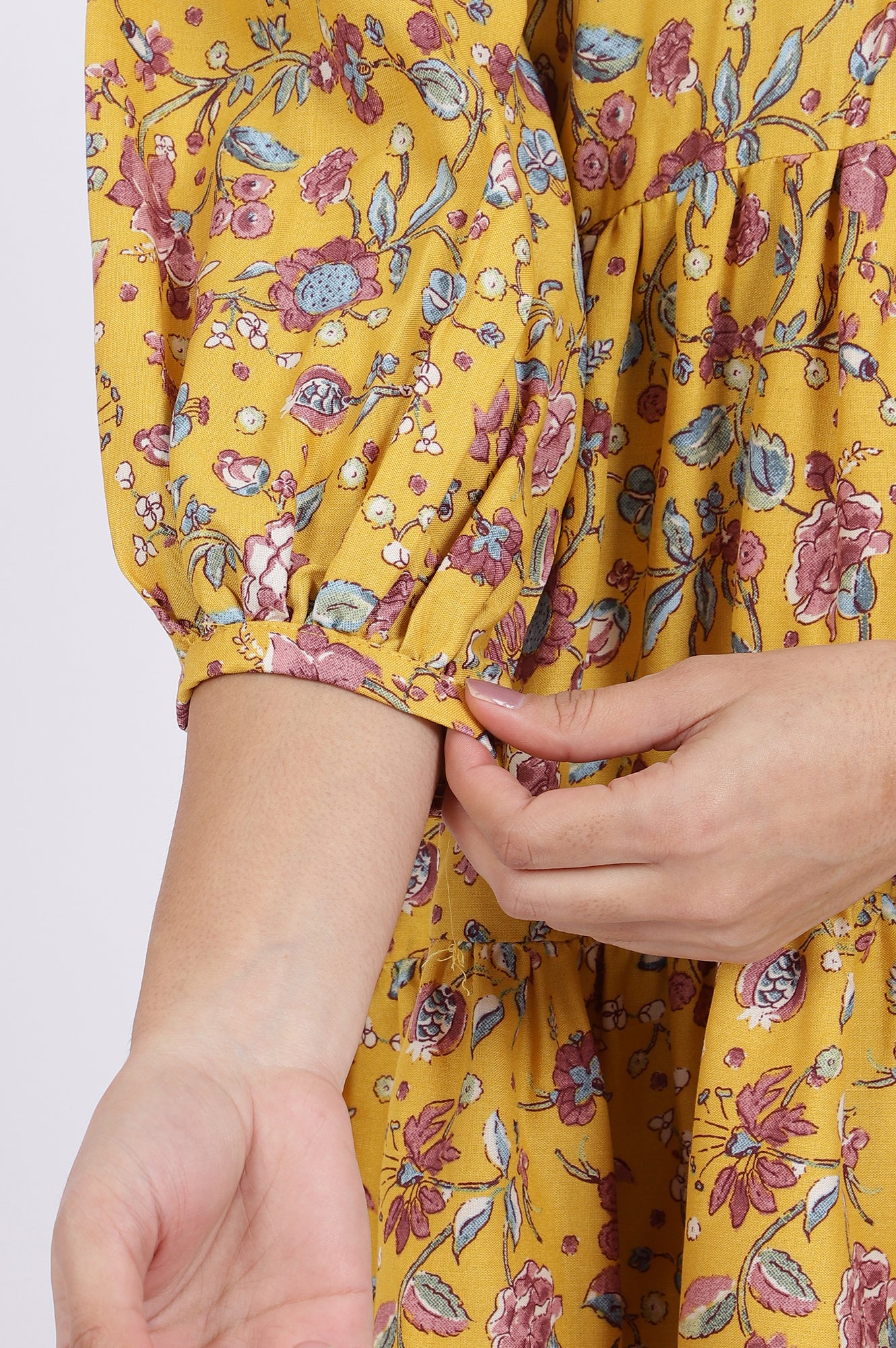 Yellow Floral Printed Flared Tiered Top with Sleeves