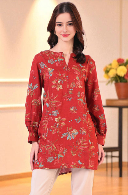 Red Floral Printed Princess Panelled Ethnic Top