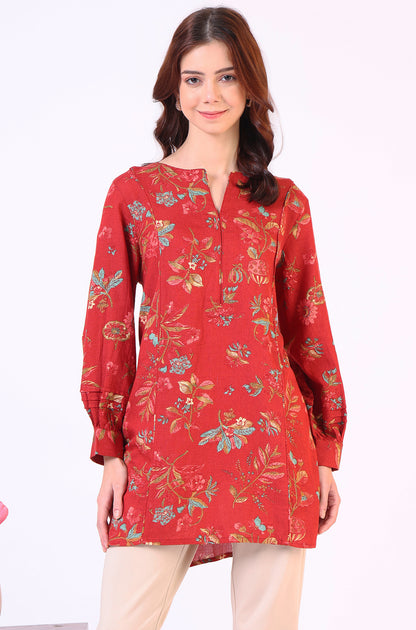 Red Floral Printed Princess Panelled Ethnic Top