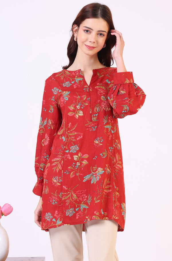 Red Floral Printed Princess Panelled Ethnic Top