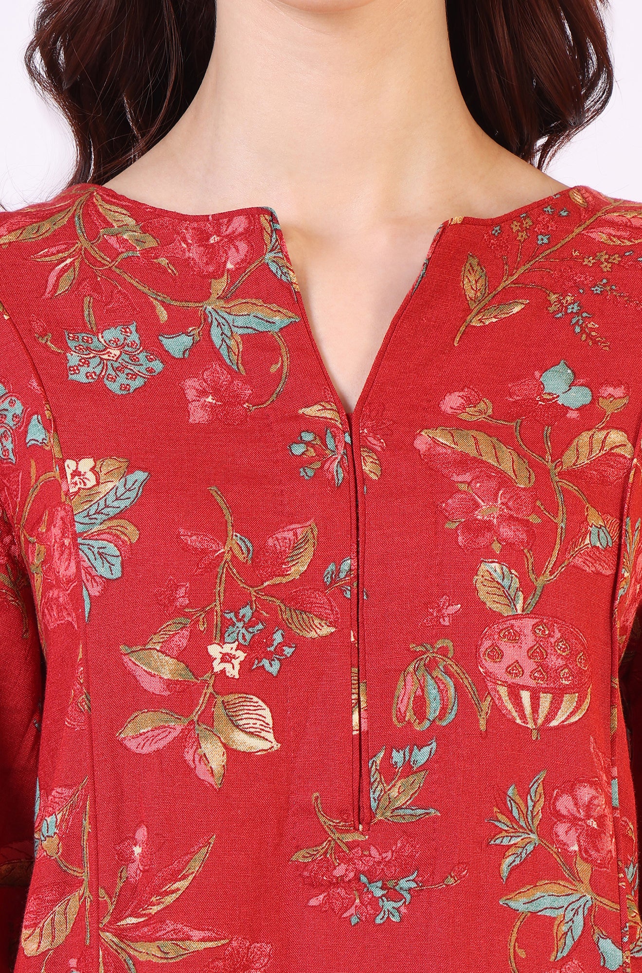 Red Floral Printed Princess Panelled Ethnic Top