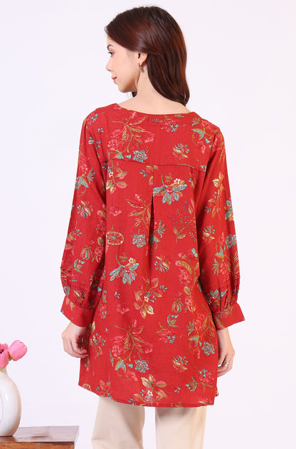 Red Floral Printed Princess Panelled Ethnic Top