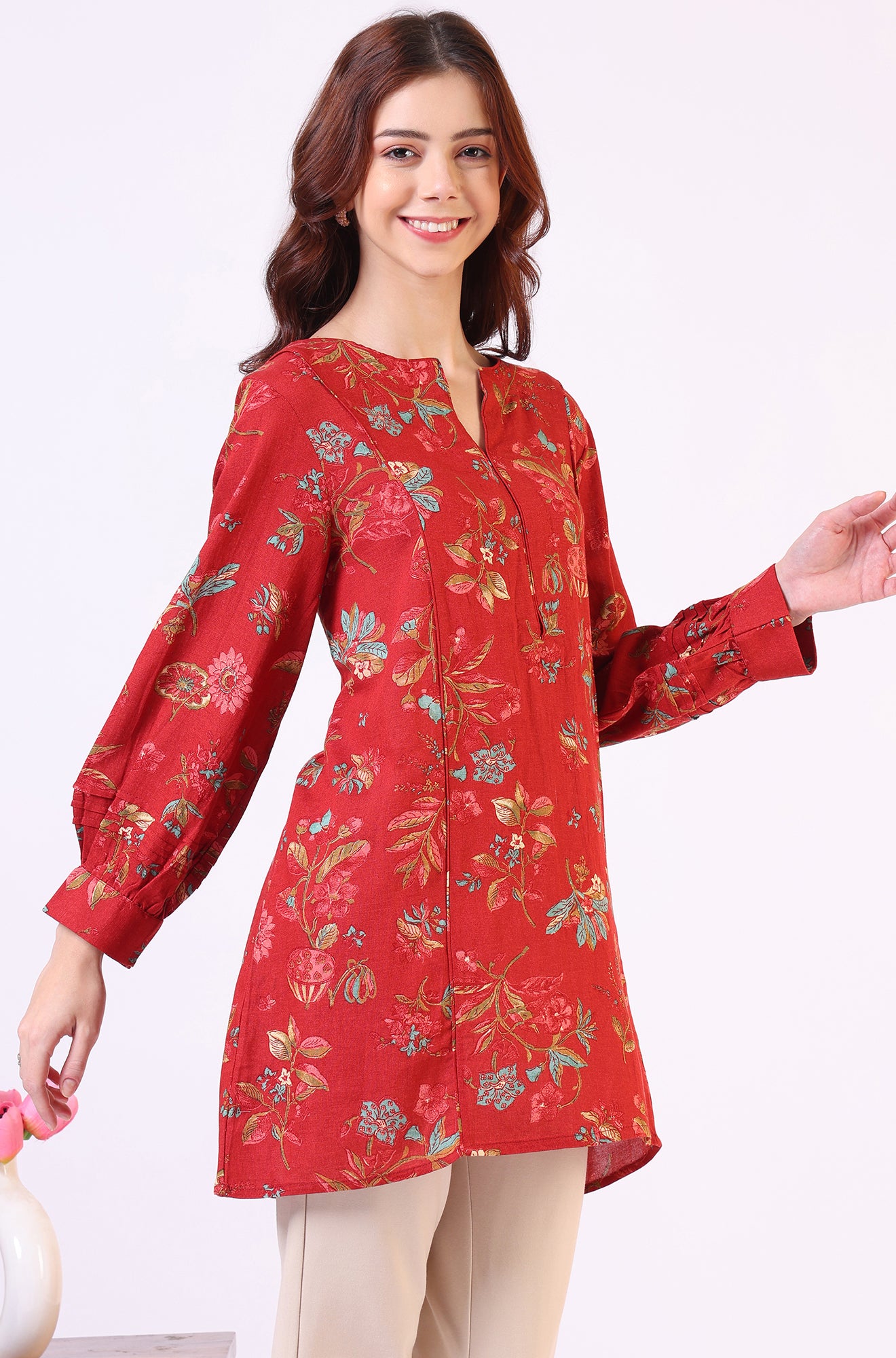 Red Floral Printed Princess Panelled Ethnic Top