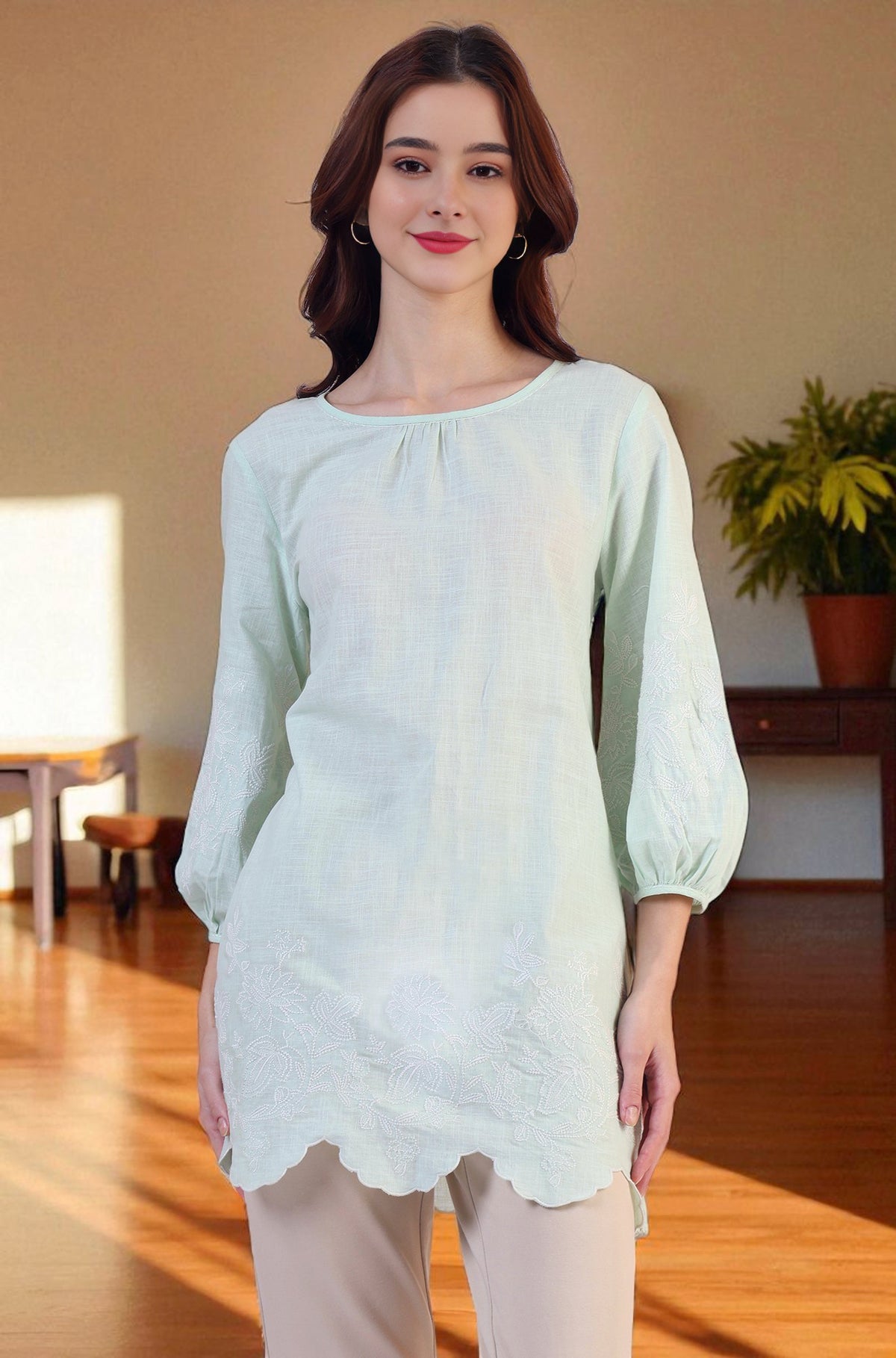 Pastel Green Slub top with Hem And Sleeve Embroidered Scalloped Detail - XS