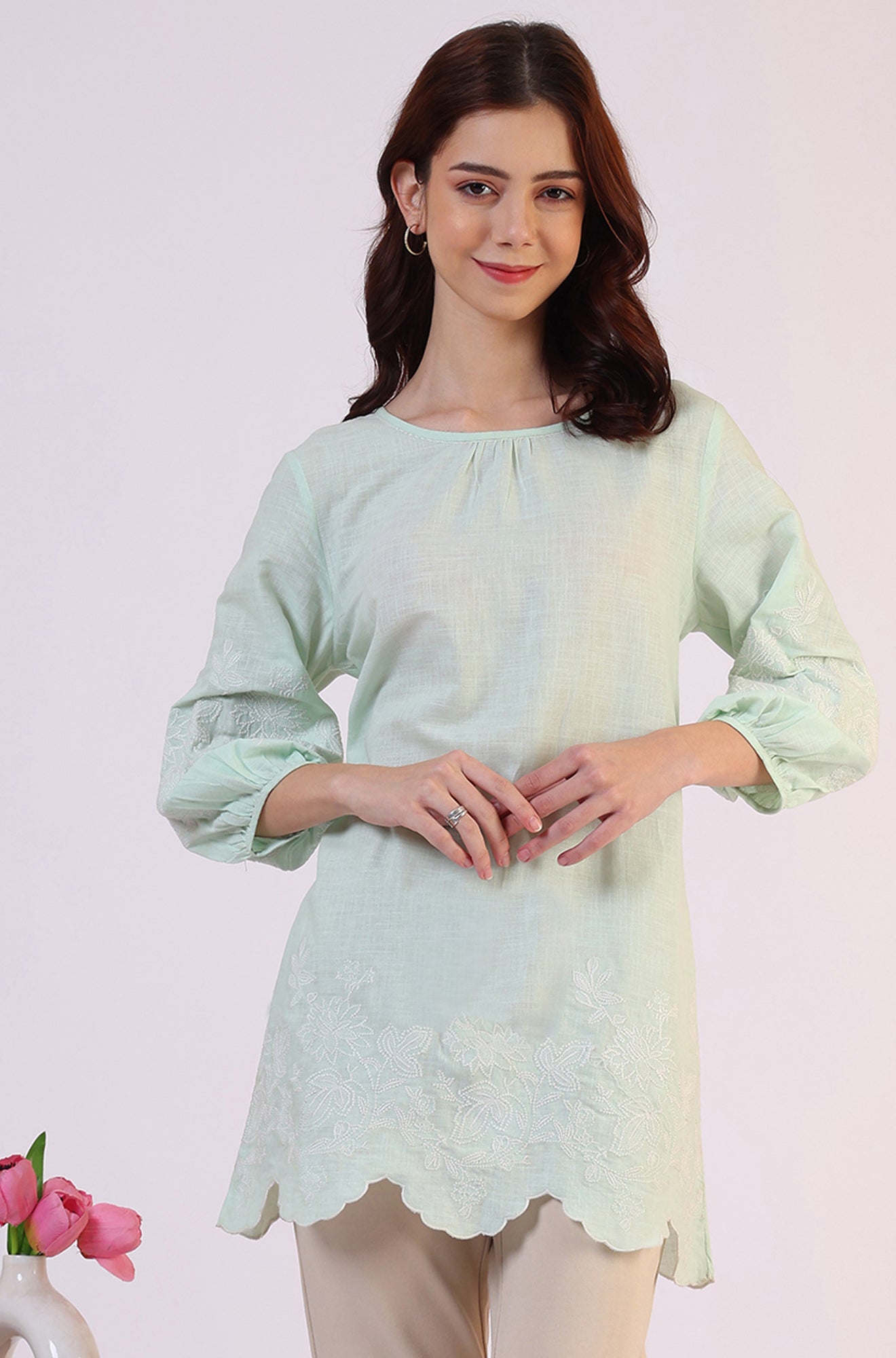Pastel Green Slub top with Hem And Sleeve Embroidered Scalloped Detail