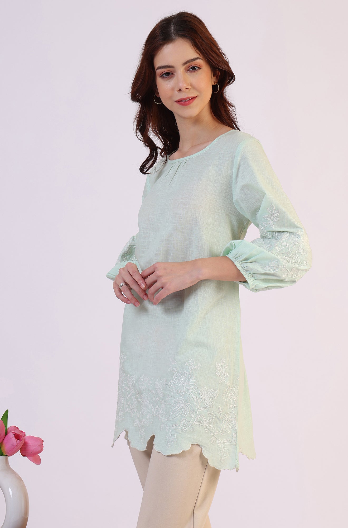 Pastel Green Slub top with Hem And Sleeve Embroidered Scalloped Detail