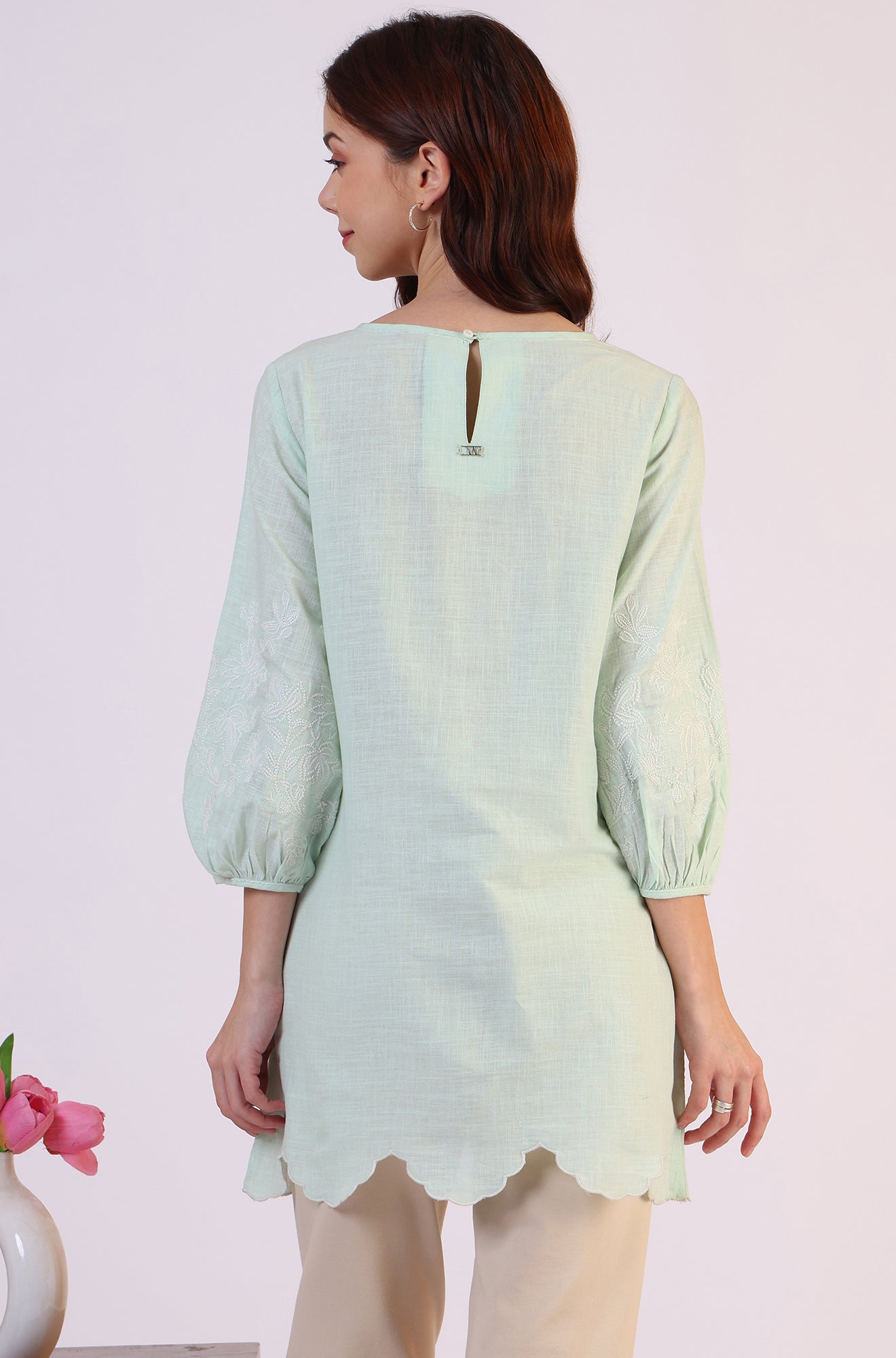 Pastel Green Slub top with Hem And Sleeve Embroidered Scalloped Detail