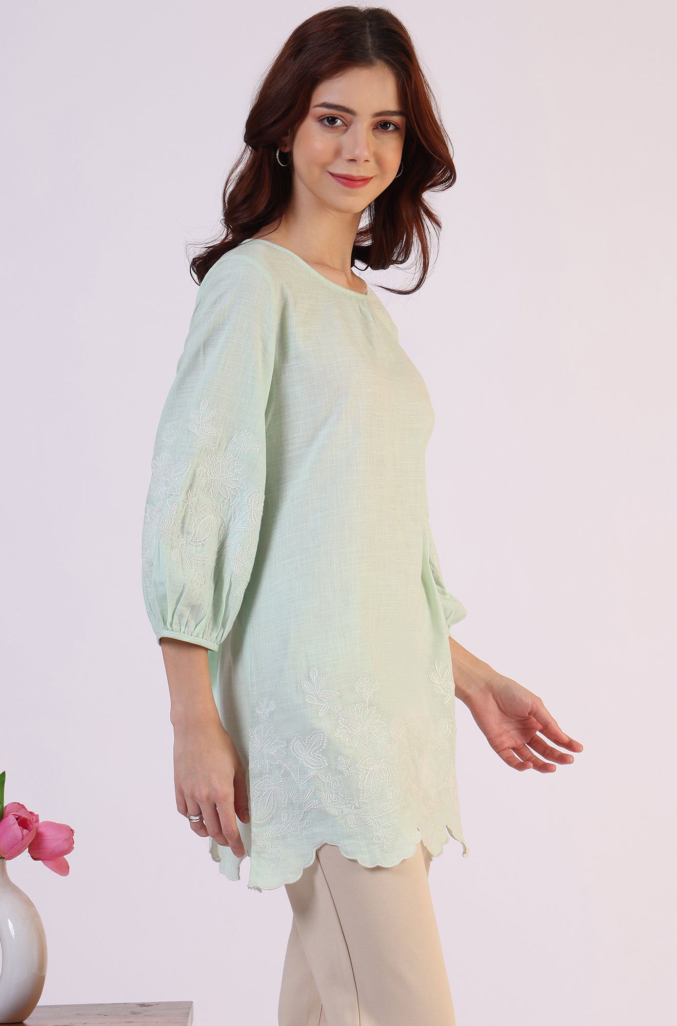 Pastel Green Slub top with Hem And Sleeve Embroidered Scalloped Detail