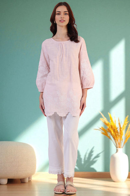 Pink Embroidered Pure Cotton Scalloped Western Top