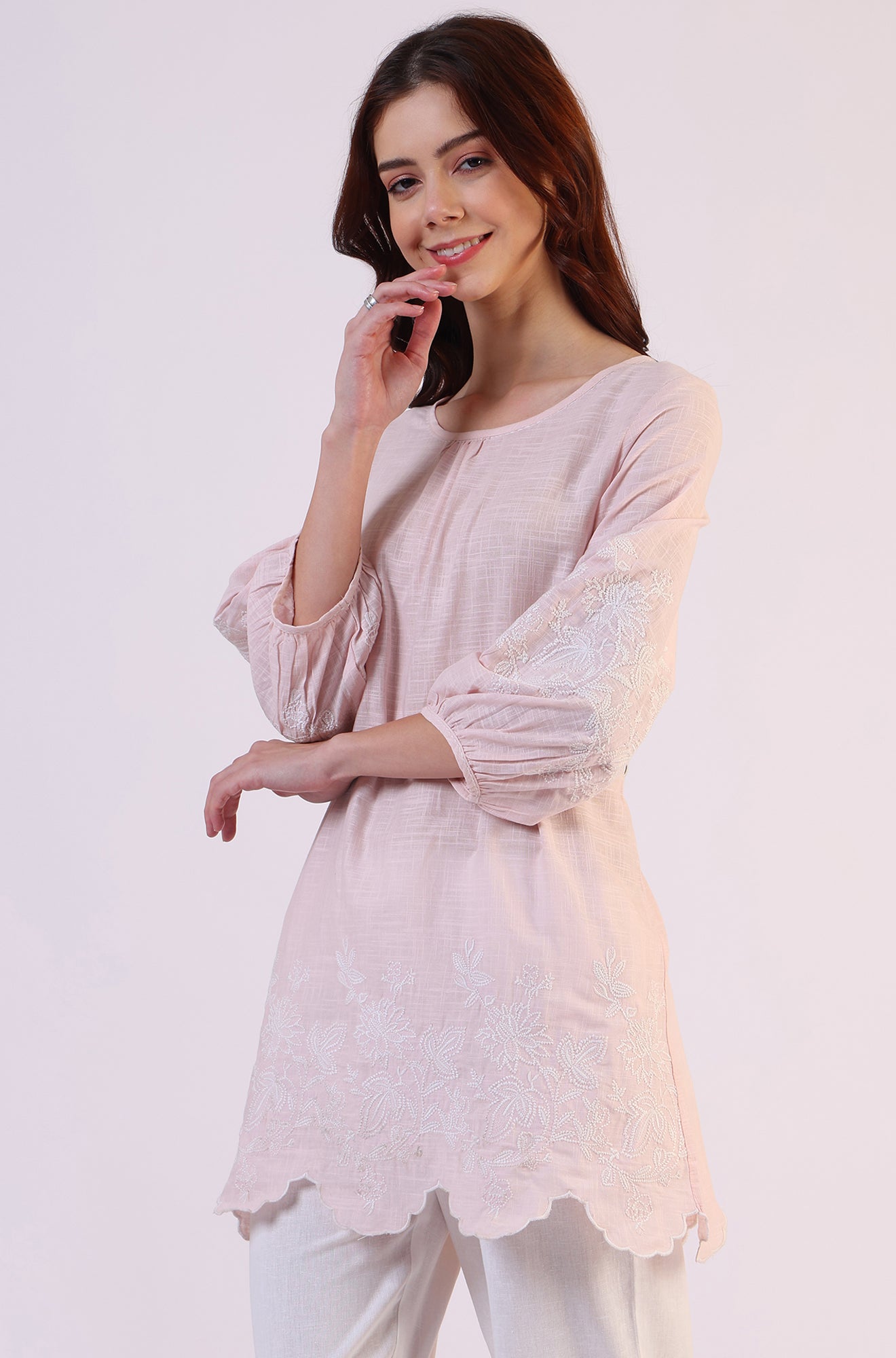 Pink Embroidered Pure Cotton Scalloped Western Top