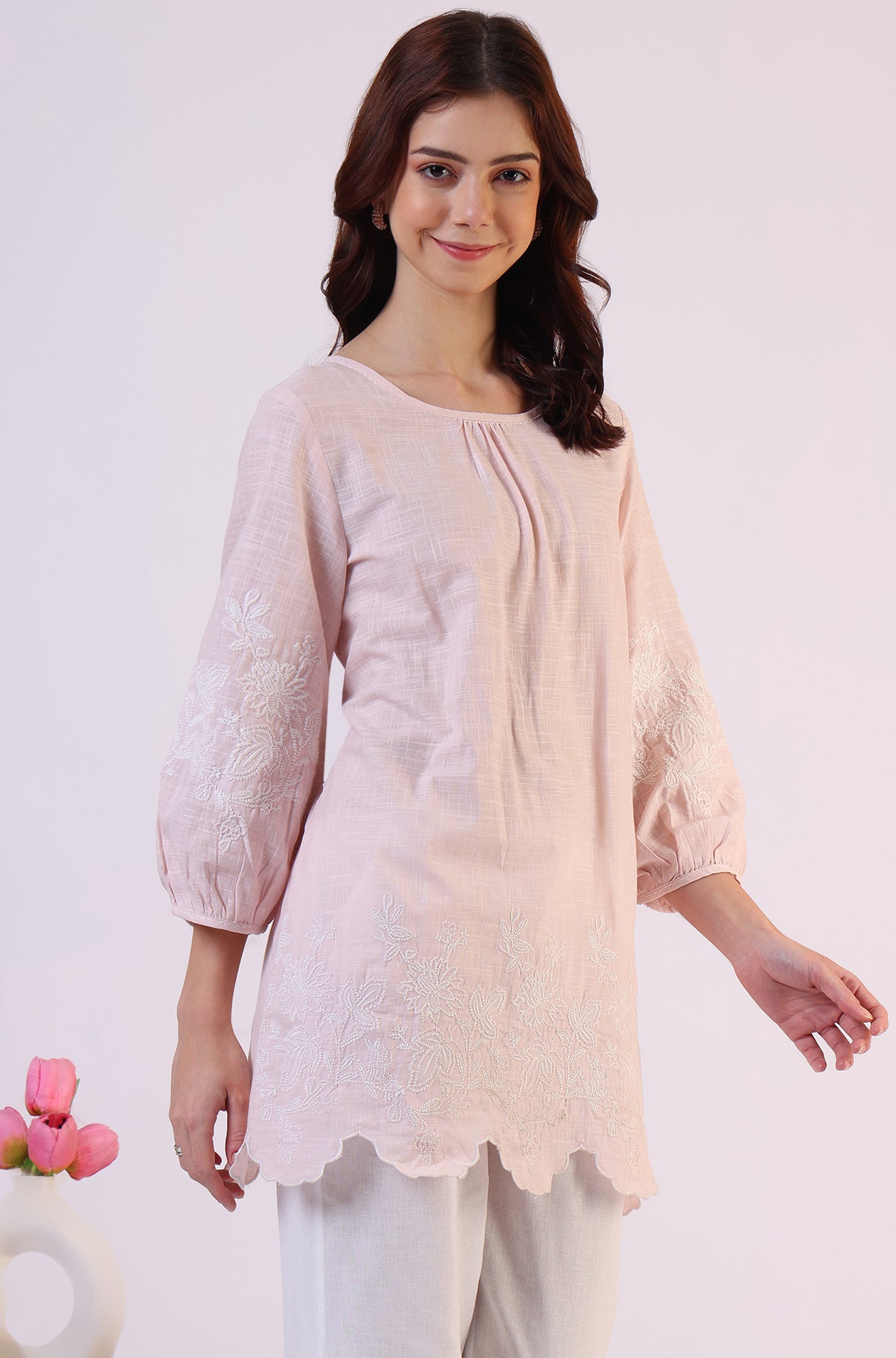 Pink Embroidered Pure Cotton Scalloped Western Top