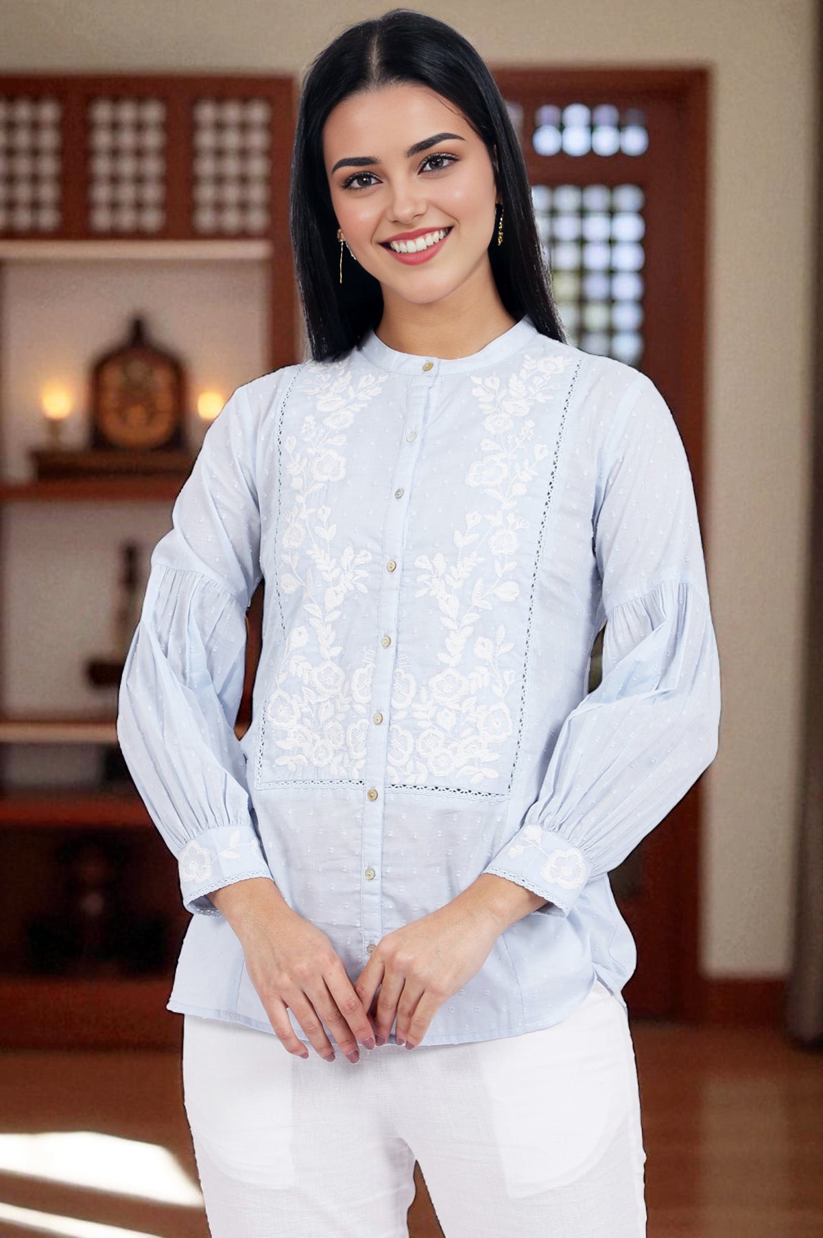 Blue Embroidered Pure Cotton Straight Top - XS