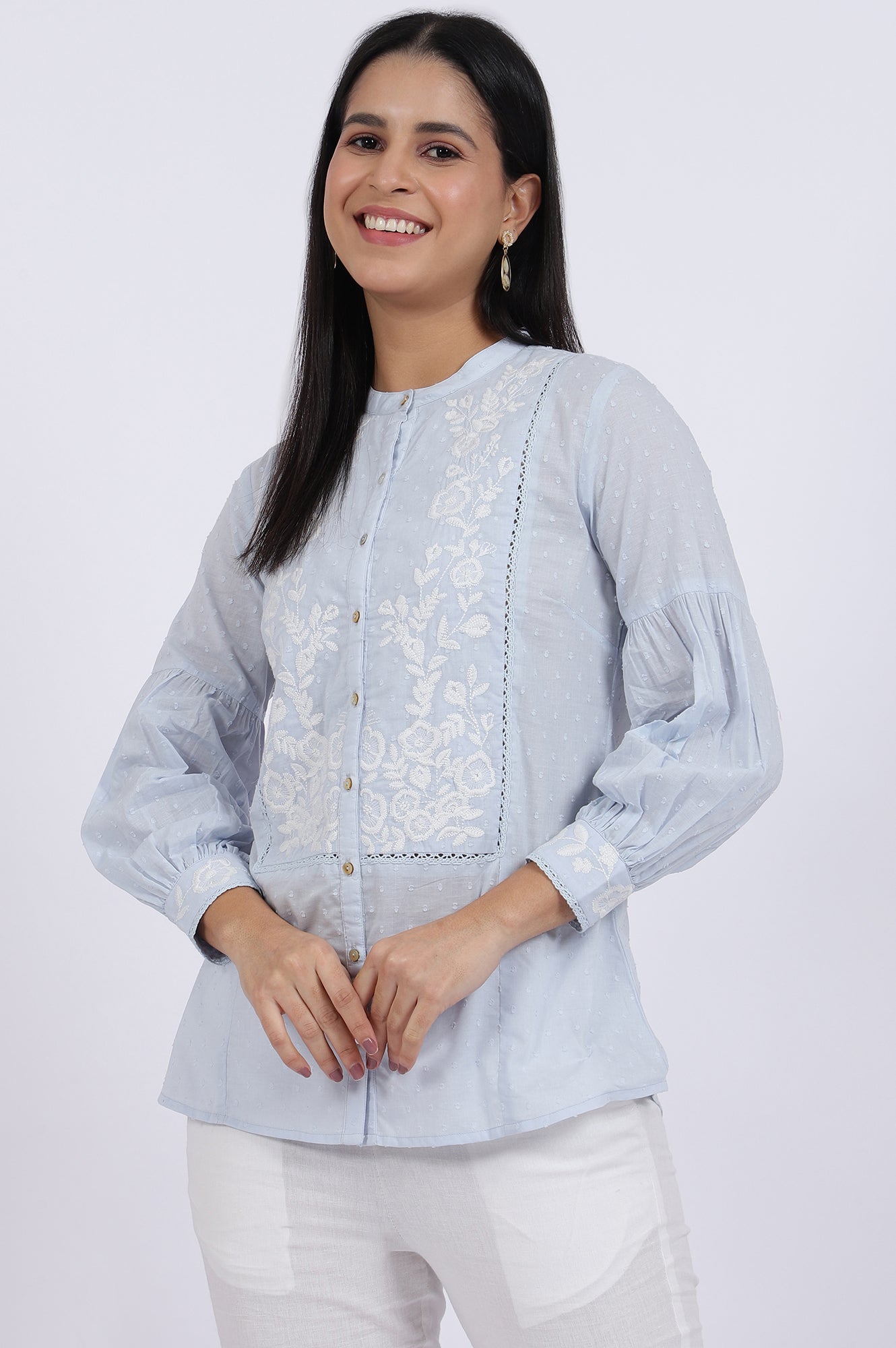 Blue Embroidered Pure Cotton Straight Top