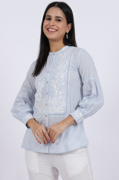 Blue Embroidered Pure Cotton Straight Top