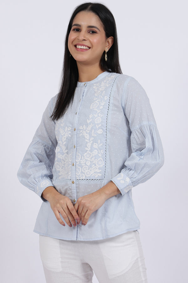 Blue Embroidered Pure Cotton Straight Top