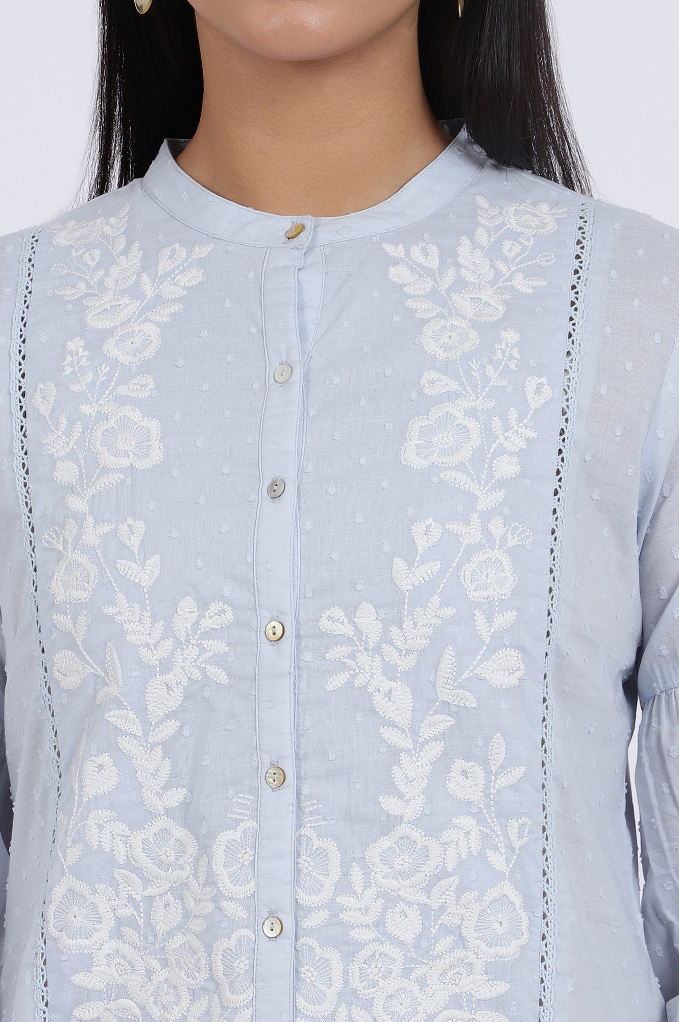 Blue Embroidered Pure Cotton Straight Top