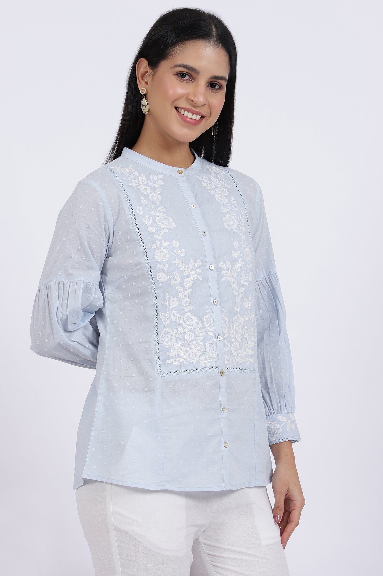 Blue Embroidered Pure Cotton Straight Top