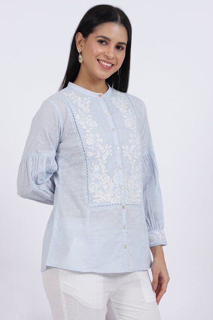 Blue Embroidered Pure Cotton Straight Top
