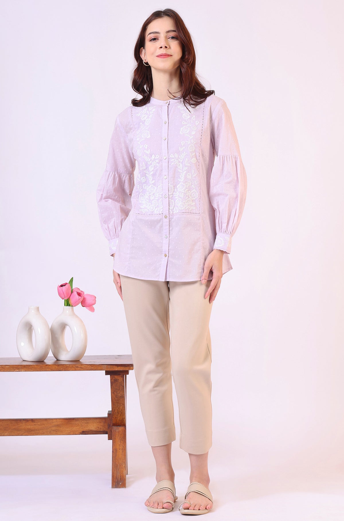 Lilac Yoke Embroidered Button Down Top With Lace Detail - XS